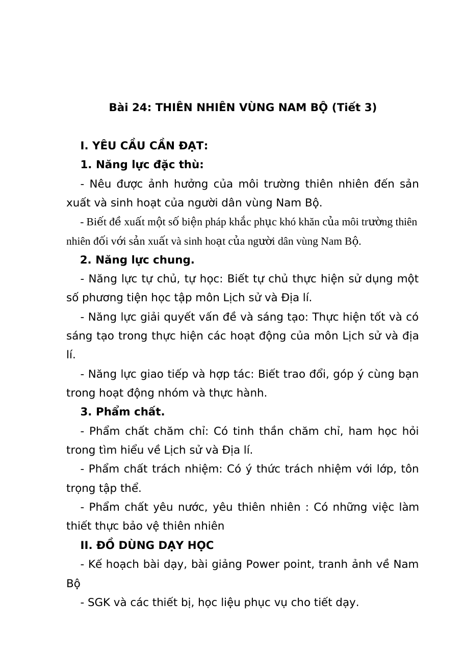 Giáo án Bài 24: Thiên nhiên vùng Nam Bộ - SGK Lịch sử và Địa lí lớp 4 Kết nối tri thức — trang 1/4
